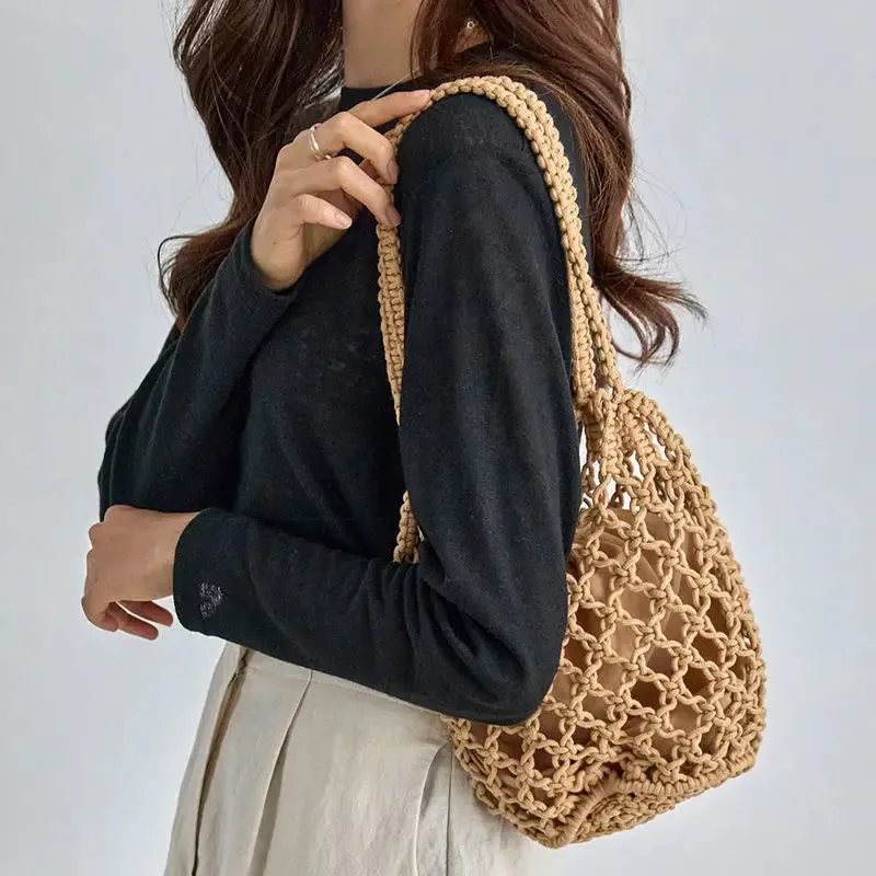 Amozae-Summer Beach Bag For Women Mesh Rope Knitted Bucket Shoulder Bags  Reticulate Hollow Travel Shopper Totes Ladies Fashion Handbag
