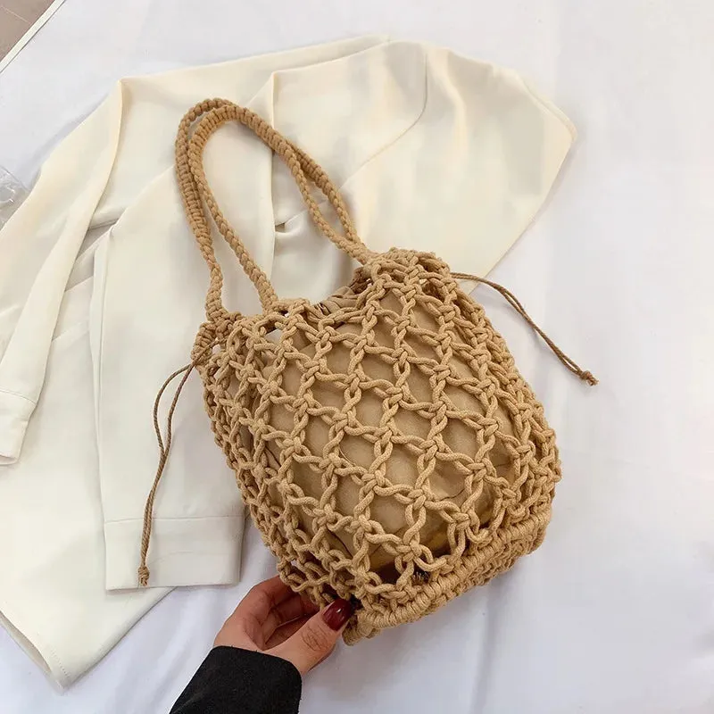 Amozae-Summer Beach Bag For Women Mesh Rope Knitted Bucket Shoulder Bags  Reticulate Hollow Travel Shopper Totes Ladies Fashion Handbag