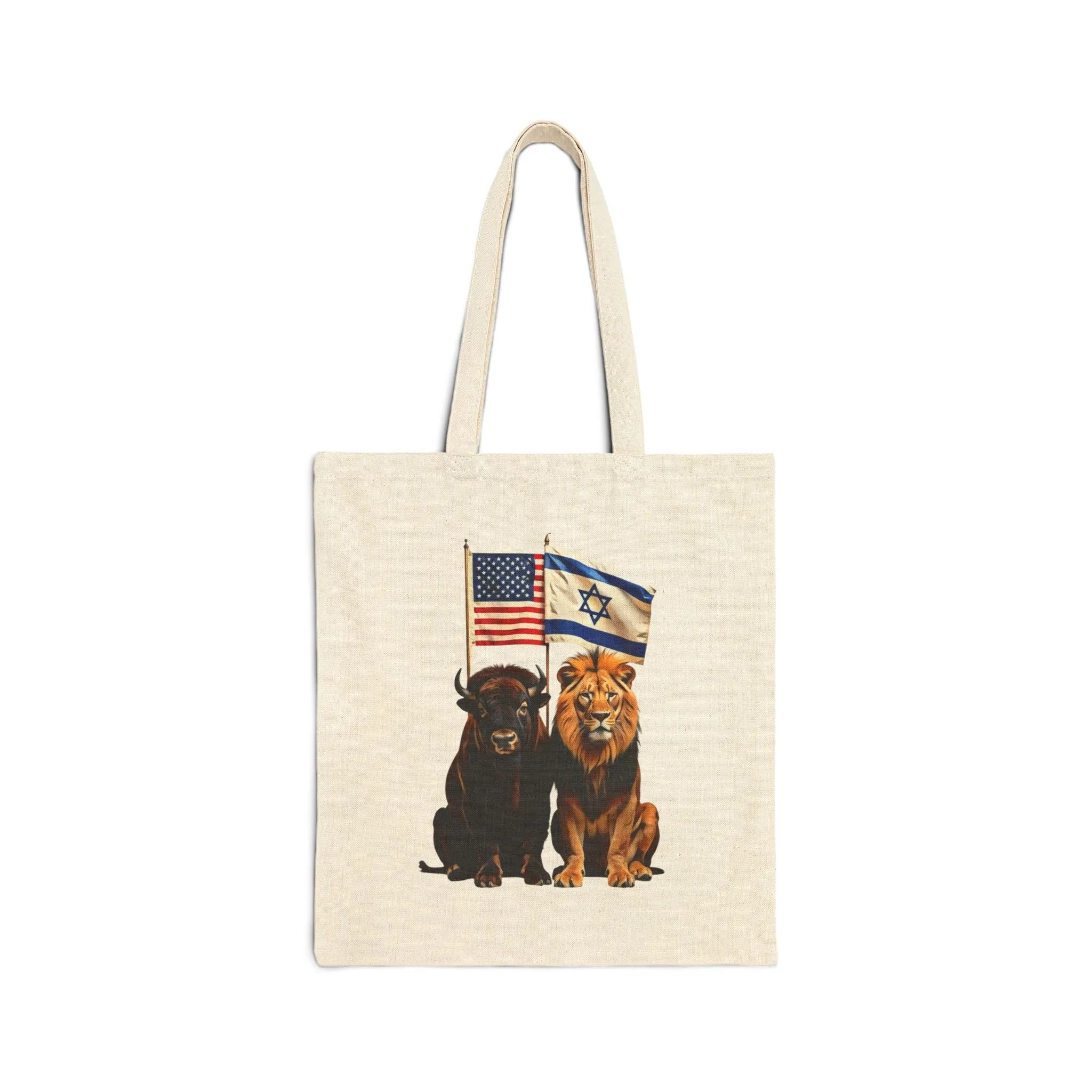 Cotton Canvas Tote Bag - "Allies of Strength" Lion and Bison Israeli and American Flags