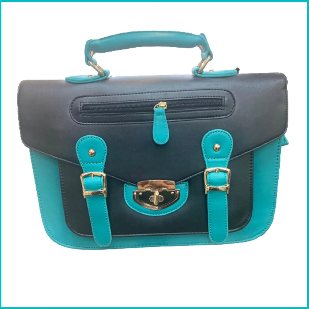 London HT Fashion Bags  15"Turqoise Green & Black English Briefcase Satchel - 100% Real Leather Oxbridge Fashion Retro Bag