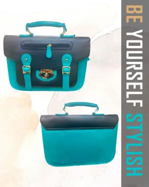 London HT Fashion Bags  15"Turqoise Green & Black English Briefcase Satchel - 100% Real Leather Oxbridge Fashion Retro Bag