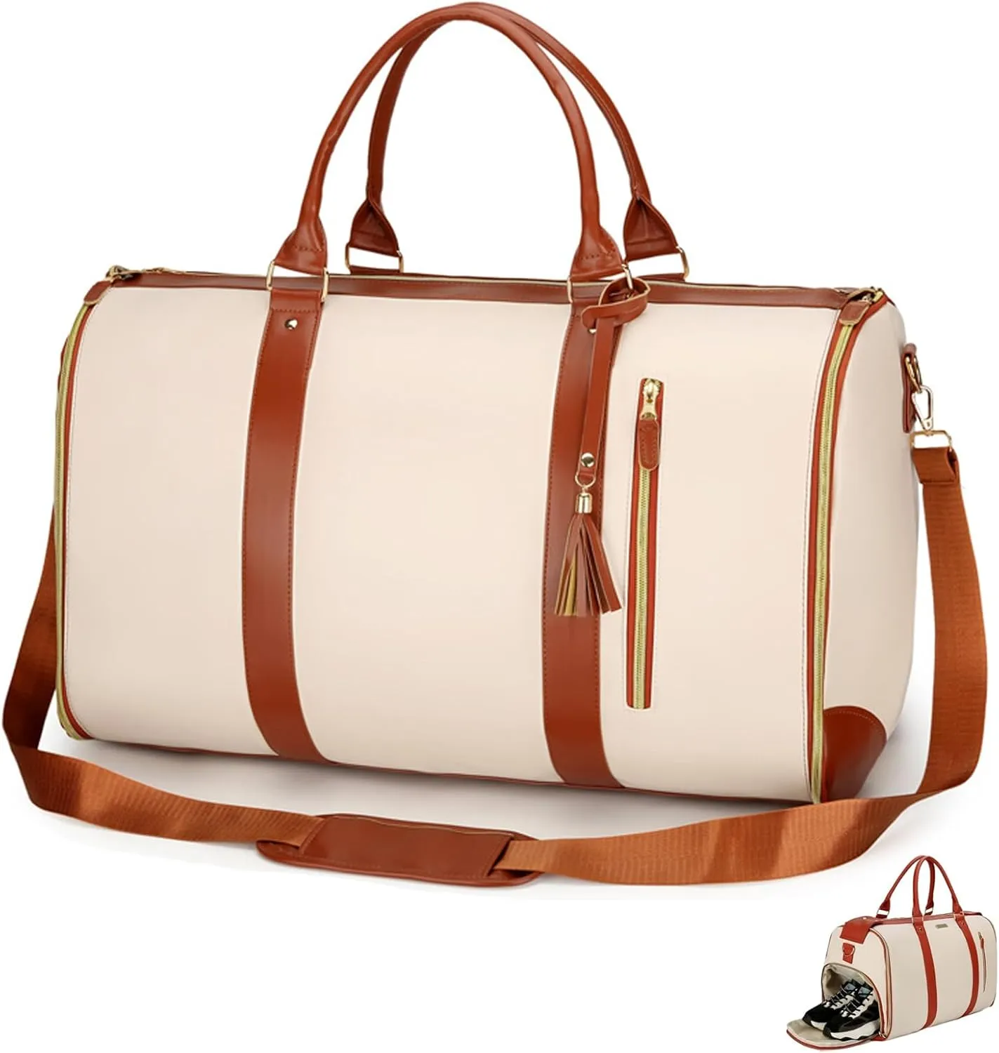 Lux Mega Travel Bag, Luxe Mega Bag for Travel, Foldable Travel Bag Expandable, Leather Garment Bags For Travel With Shoe Pouch, Waterproof Duffle Bags, Travel Duffel Bag for Women (White)