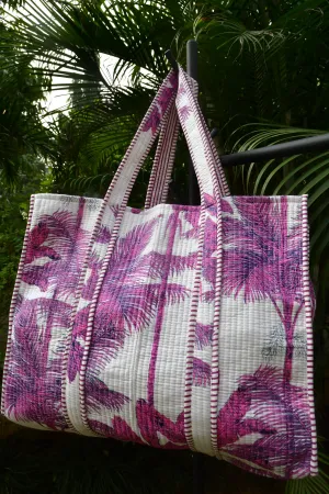 Palm Breeze Bliss: Hand-Printed Pink & White Palm Tote (Unique Design)