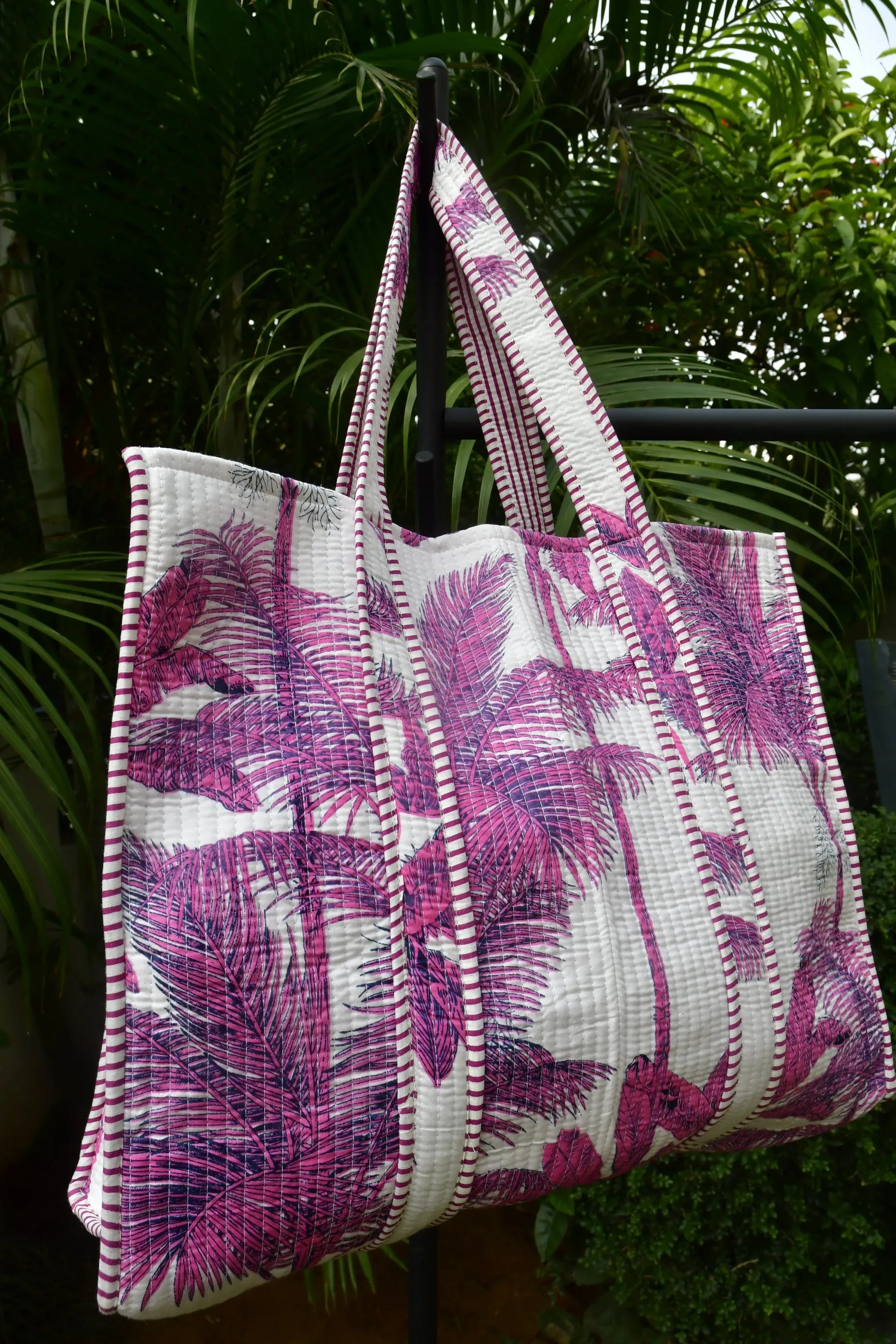 Palm Breeze Bliss: Hand-Printed Pink & White Palm Tote (Unique Design)