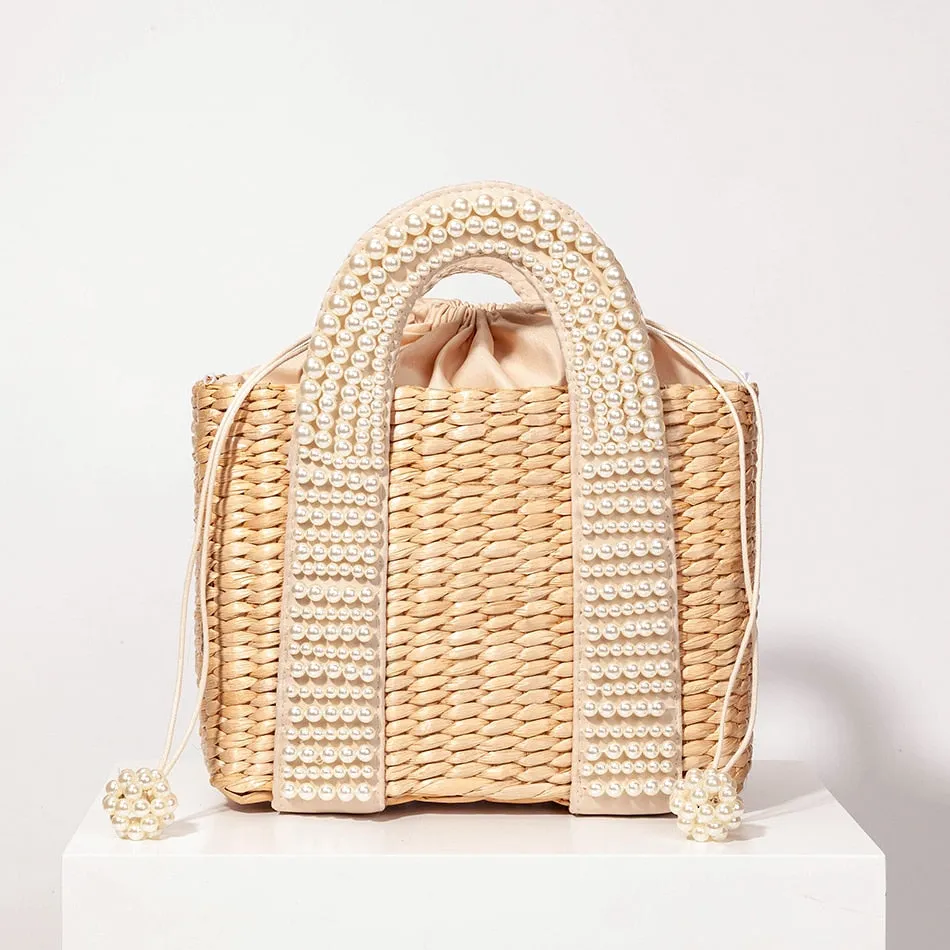 Pearls Beach Bag Women 2020 Summer New Elegant Woven Beaded Straw Bag Female Bohemia Knitted Large Tote Handbag Vacation Casual