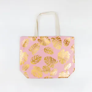 Pink Palm Leaves Metallic Tote Bag