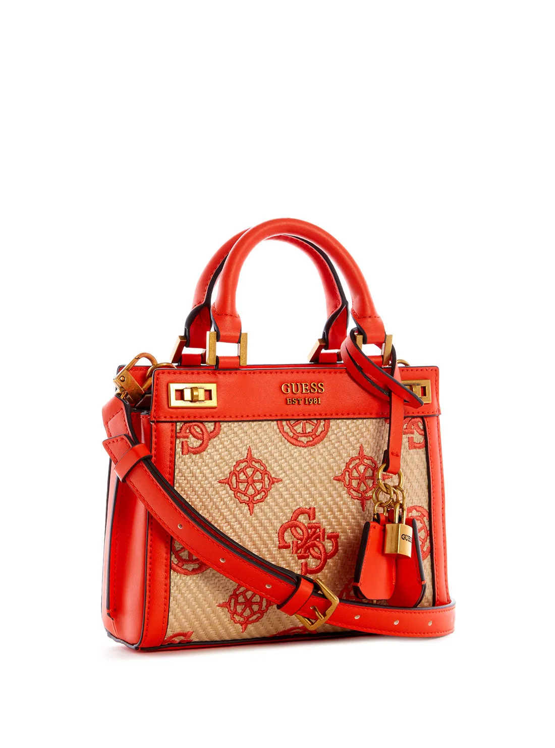 Red Katey Mini Raffia Satchel Bag