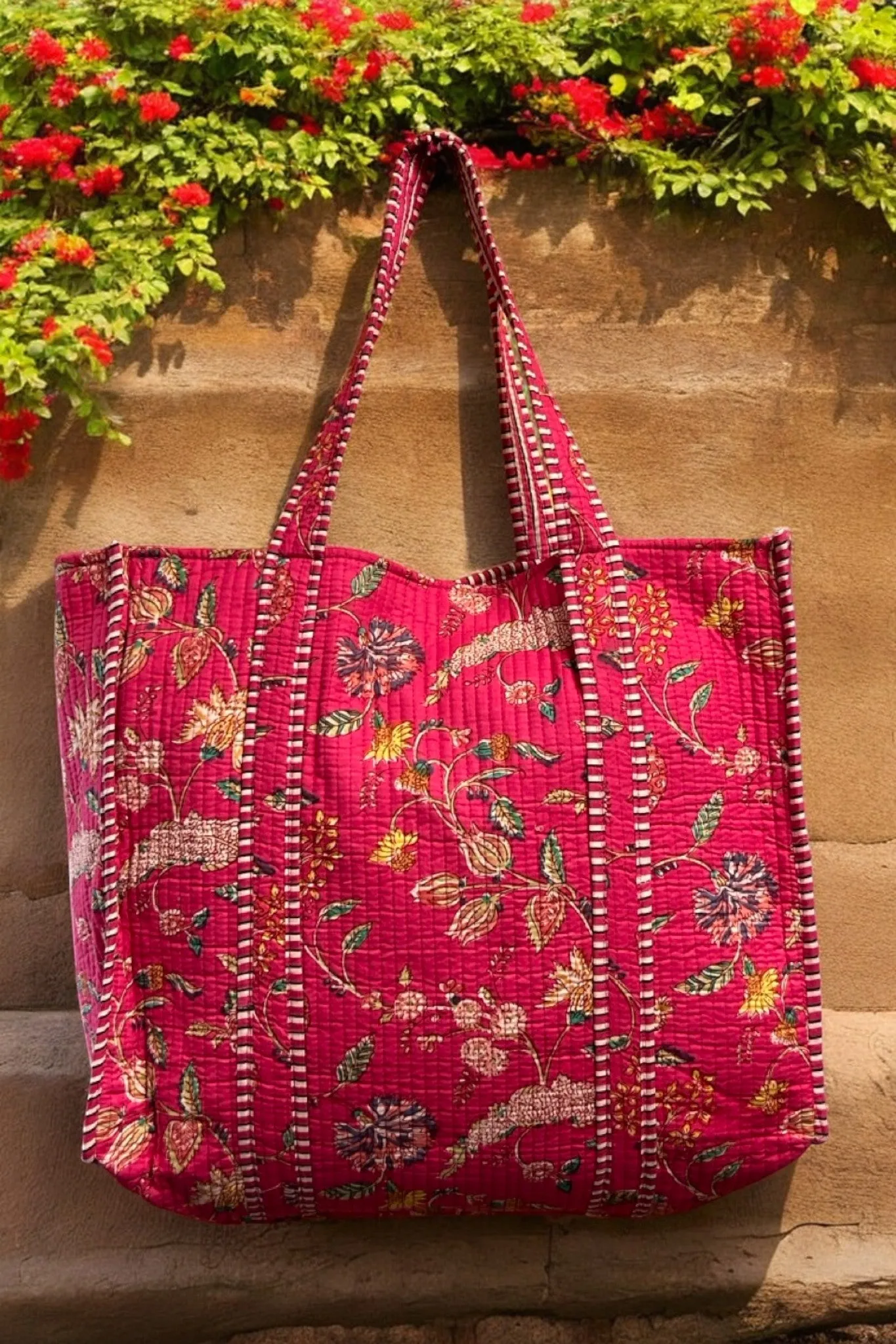 Reversible Cotton Quilted Tote - Pink Garden Party