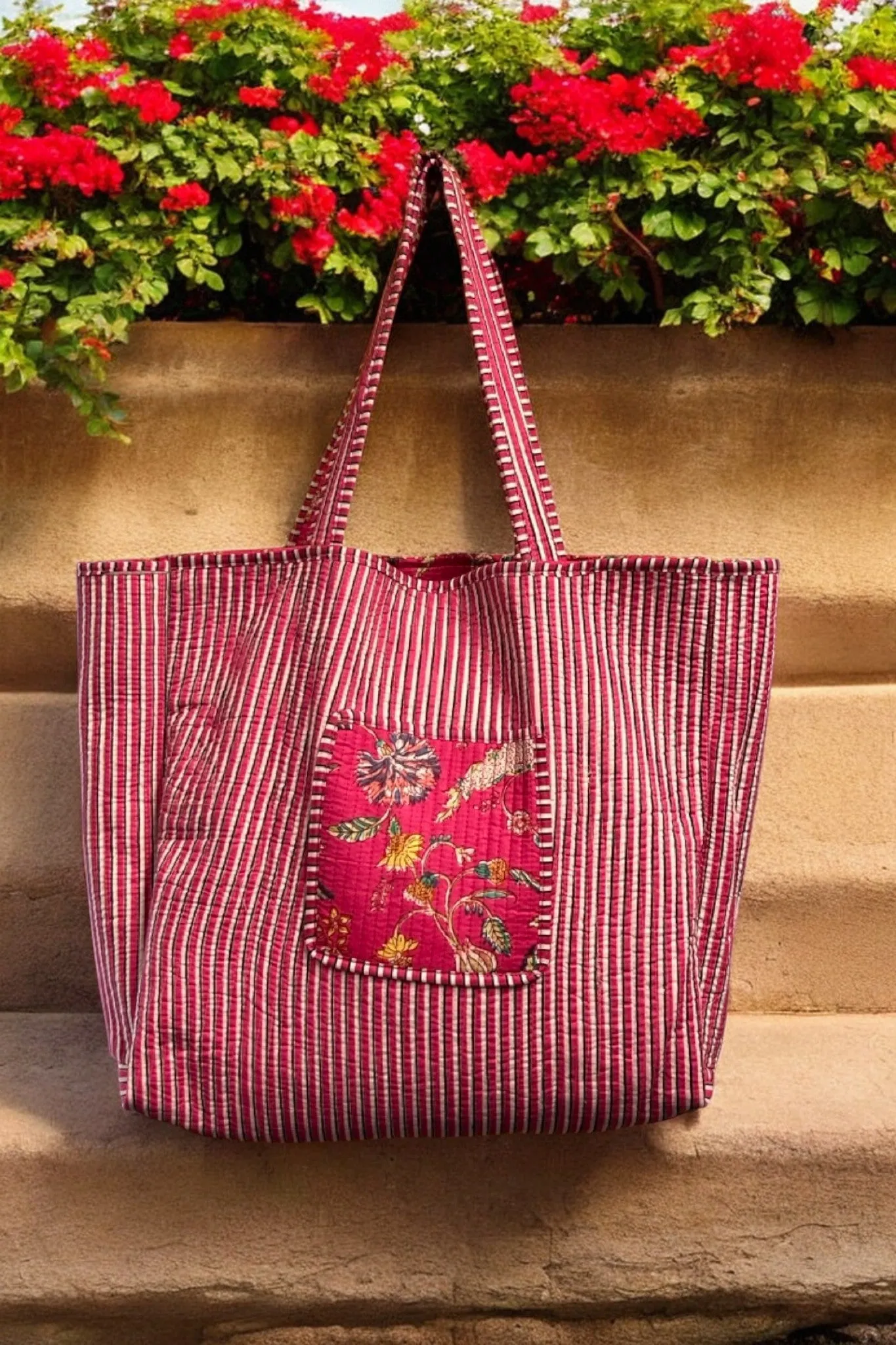 Reversible Cotton Quilted Tote - Pink Garden Party