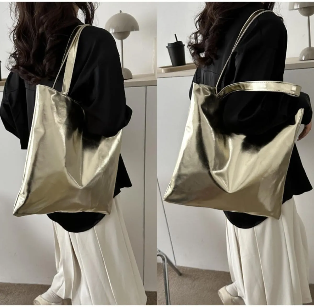 Shiny Holographic Tote Handbag Fashion PU Leather Metallic Purse Shoulder Bag Shopping Pouch for Women Girls