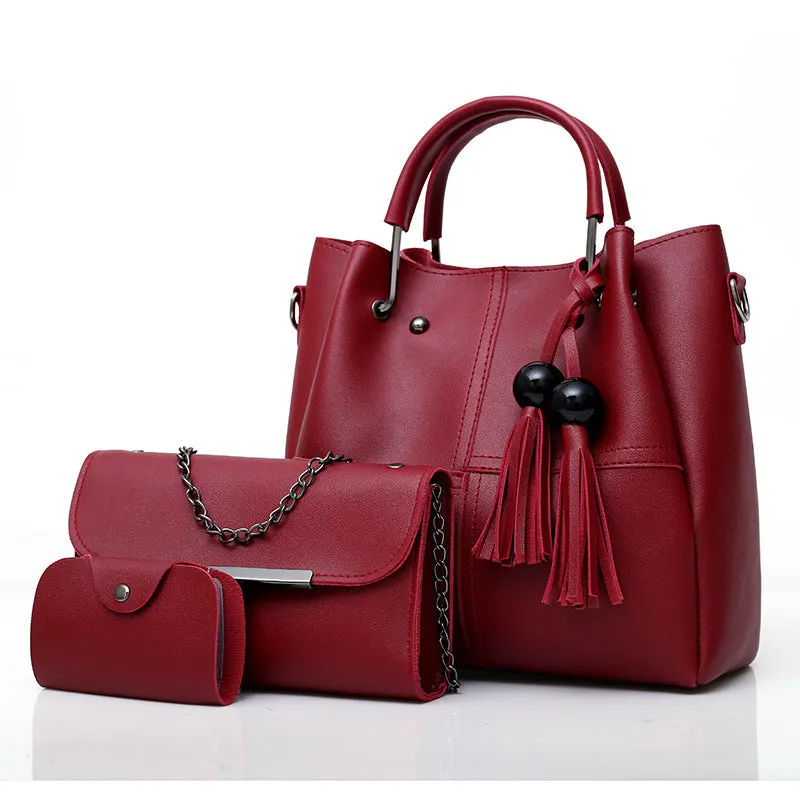 Sohiwoo 3 Pcs Solid Color Tote Bag Set Large Capacity Tassel Decor Handbag Crossbody Bag & Flap Purse