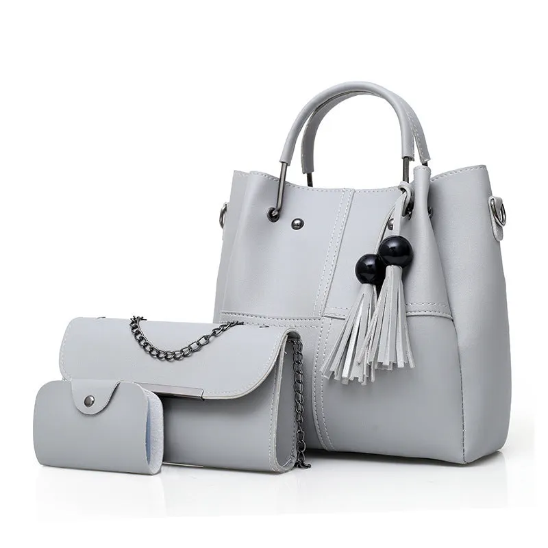Sohiwoo 3 Pcs Solid Color Tote Bag Set Large Capacity Tassel Decor Handbag Crossbody Bag & Flap Purse
