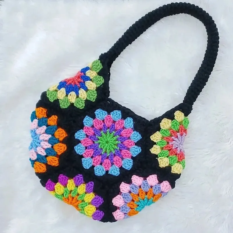 Sohiwoo Handwoven Colorful Flower Shoulder Bag Pattern Splice Hollow out Handbag Paper Napkin Bag Key Bag Women's Storage Bag