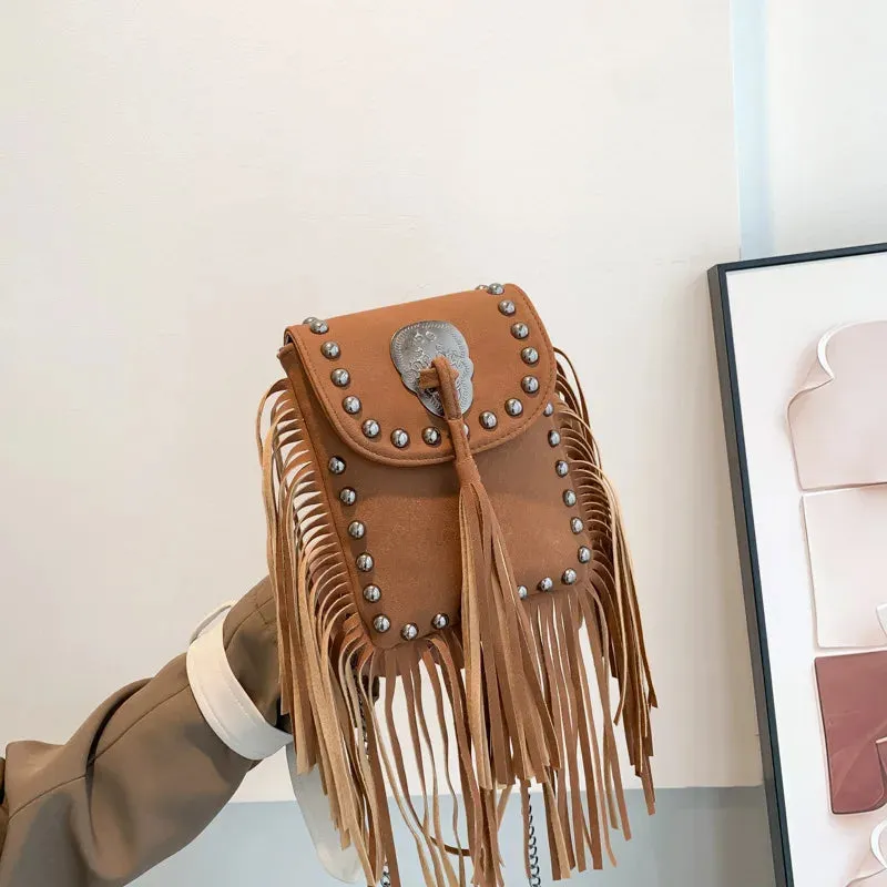Sohiwoo Ladies Skull Pattern Cell Phone Crossbody Purse Women Fashion Fringe Taseel Suede Shoulder Bag Vintage Rivet Side Bag For Girls