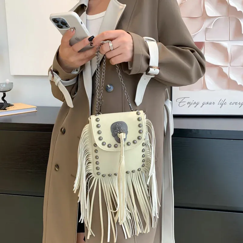 Sohiwoo Ladies Skull Pattern Cell Phone Crossbody Purse Women Fashion Fringe Taseel Suede Shoulder Bag Vintage Rivet Side Bag For Girls
