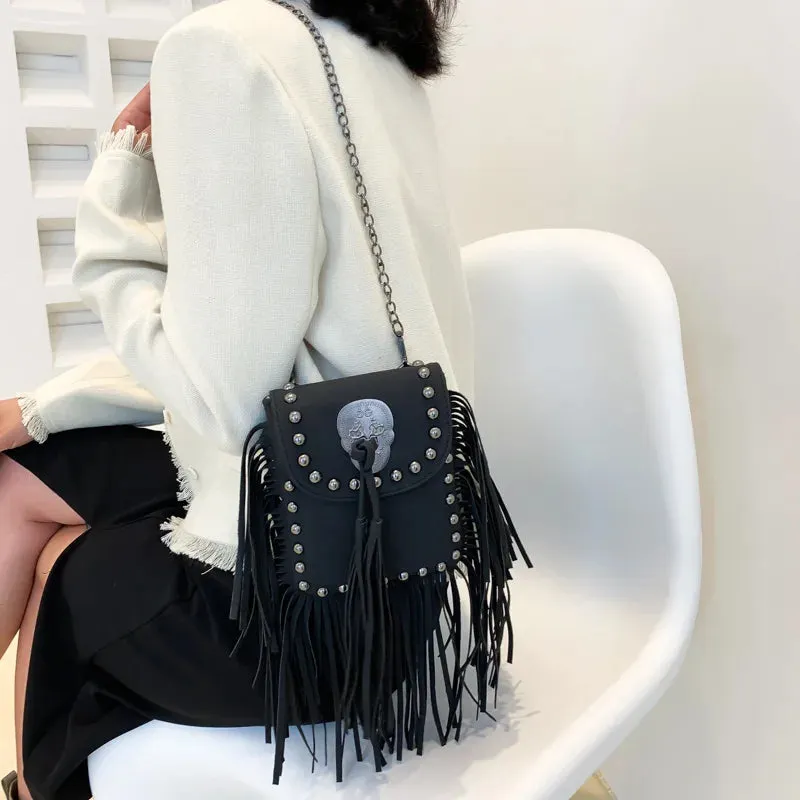 Sohiwoo Ladies Skull Pattern Cell Phone Crossbody Purse Women Fashion Fringe Taseel Suede Shoulder Bag Vintage Rivet Side Bag For Girls