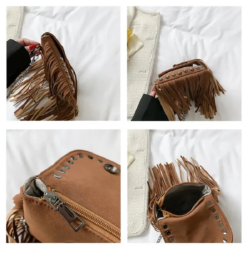 Sohiwoo Ladies Skull Pattern Cell Phone Crossbody Purse Women Fashion Fringe Taseel Suede Shoulder Bag Vintage Rivet Side Bag For Girls