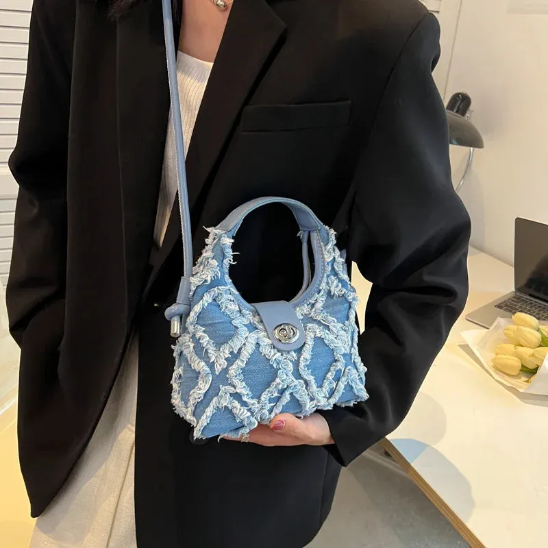 Sohiwoo New Trendy Women Luxury Designer Diamond Lattice Denim Handbag Small Cute Jeans Fabric Crossbody Purse For Girls