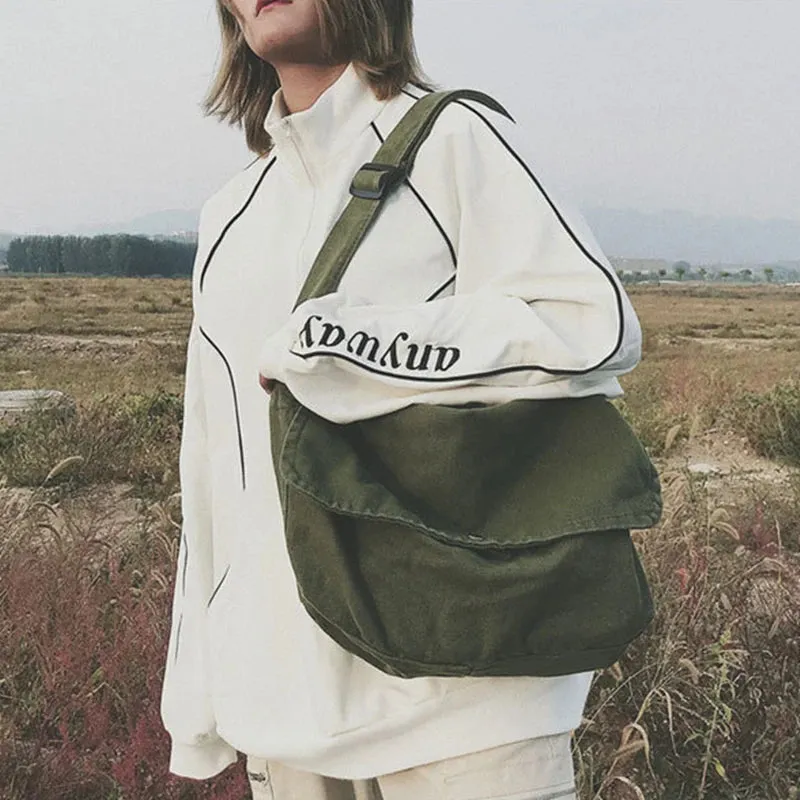 Sohiwoo Unisex Canvas Cloth Hobo Slouchy Sling Side Bag 2024 Grunge Textile Fabric Y2K School Book Laptop Medium Size Postman Pouch Bag