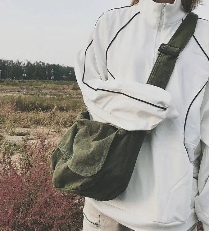 Sohiwoo Unisex Canvas Cloth Hobo Slouchy Sling Side Bag 2024 Grunge Textile Fabric Y2K School Book Laptop Medium Size Postman Pouch Bag