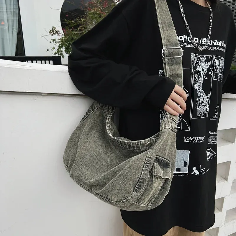 Sohiwoo Vintage Washed Denim Fabric Shoulder Bag For Female College Students Trendy Cool Crossbody Bags For Women Travel School Bag Girl
