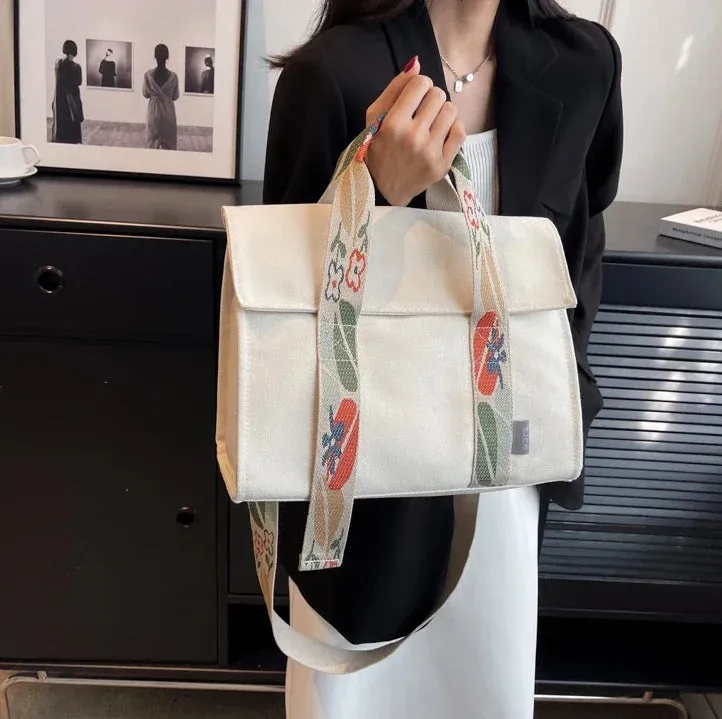 Sohiwoo Women Canvas Textile Big Capacity Work Handbag Lady Casual Fabric Minimalist Simple Designer Postman Satchel Side Messenger Bag