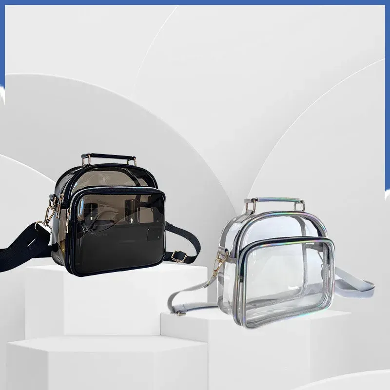 Sohiwoo Women Fashion Holographic Leather PVC Crossbody Bag Stadium Approved Girls Clear Phone Purse Lady Transparent Messenger Bag