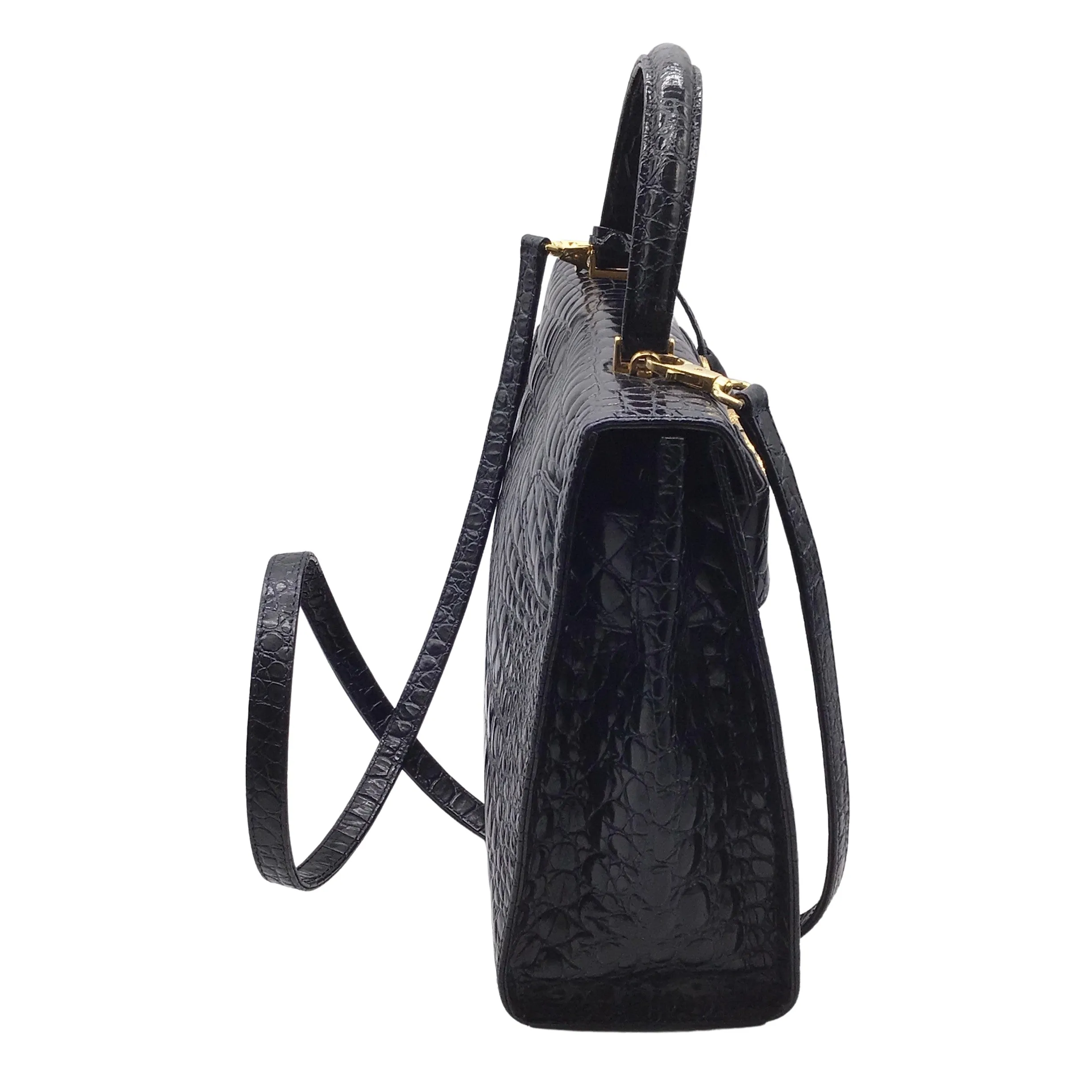 Versace Vintage 80's Croc Embossed Black Leather Satchel