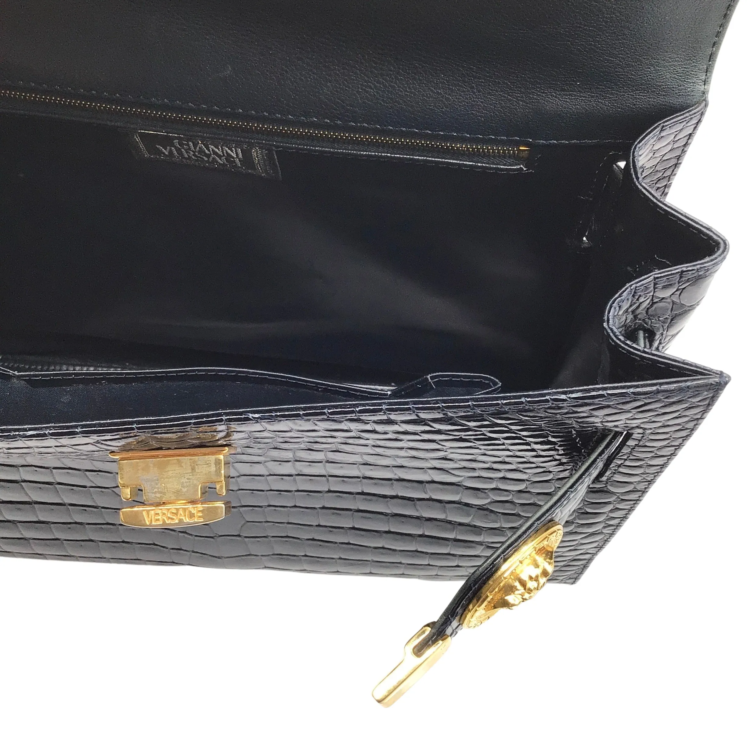 Versace Vintage 80's Croc Embossed Black Leather Satchel