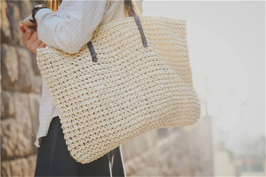 Women Summer Rattan Woven Knitted Straw Totes