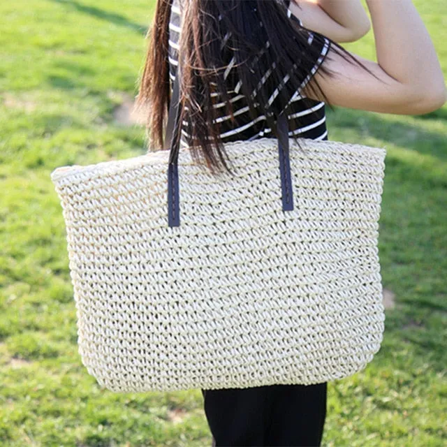 Women Summer Rattan Woven Knitted Straw Totes